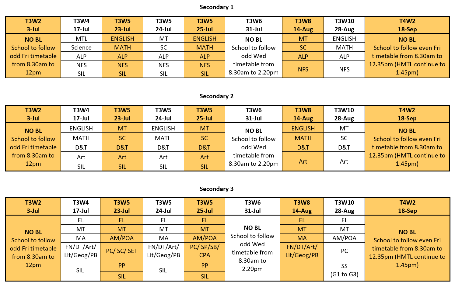 2024 Semester 2 BL Schedule